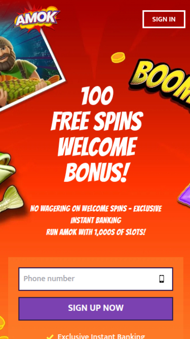 Page d'accueil mobile de Amok Casino