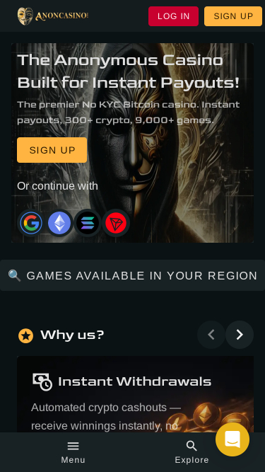 Image de la page d'accueil mobile d'un casino anonyme