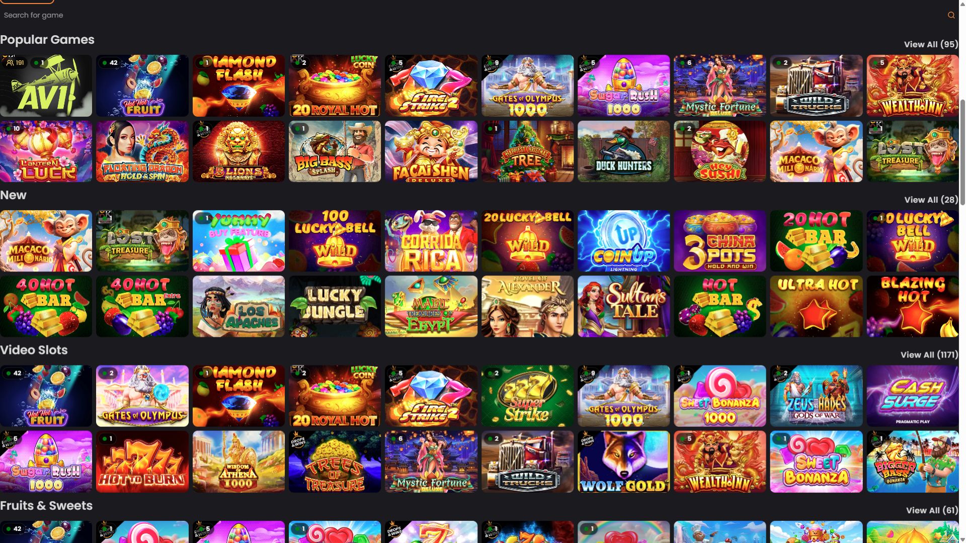 Jeux de casino ApexBets sur ordinateur