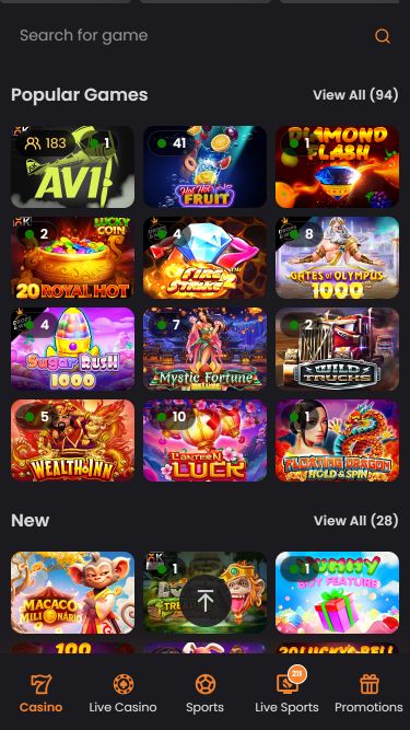 Jeux mobiles du casino ApexBets