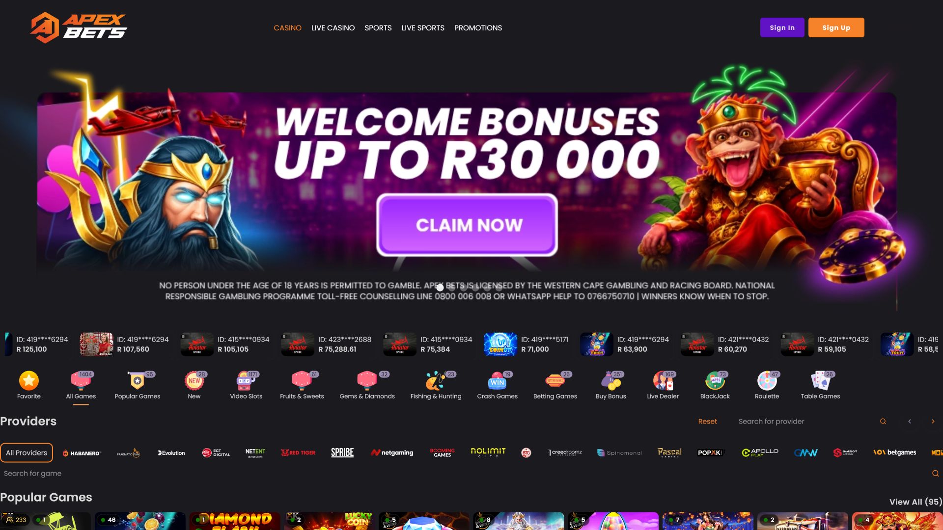 Page d'accueil du casino ApexBets pour ordinateur