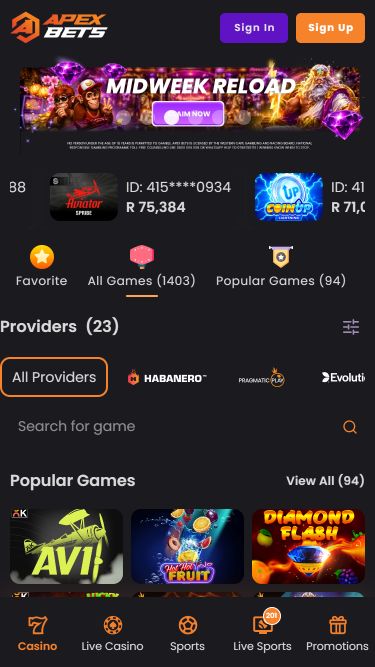 Page d'accueil mobile du casino ApexBets