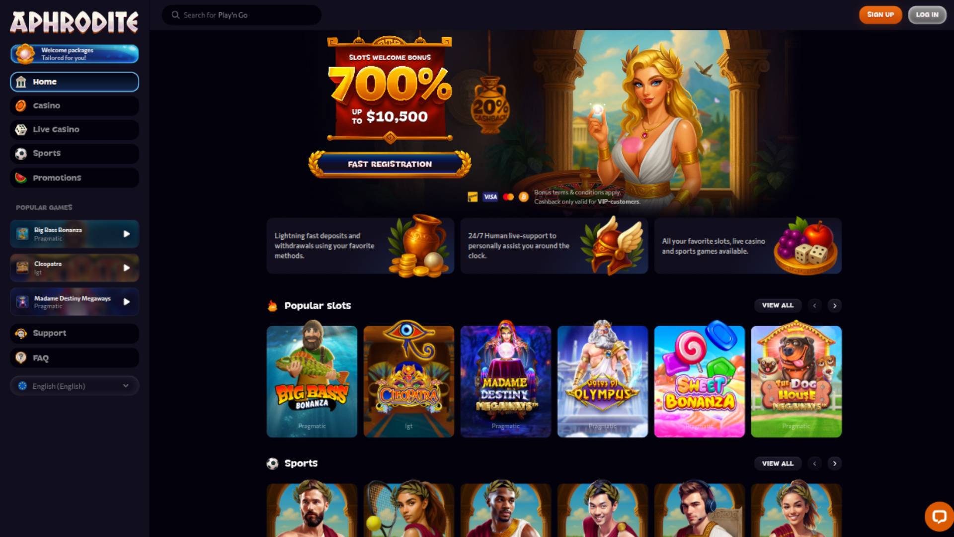Homepage screenshot of Aphrodite Casino