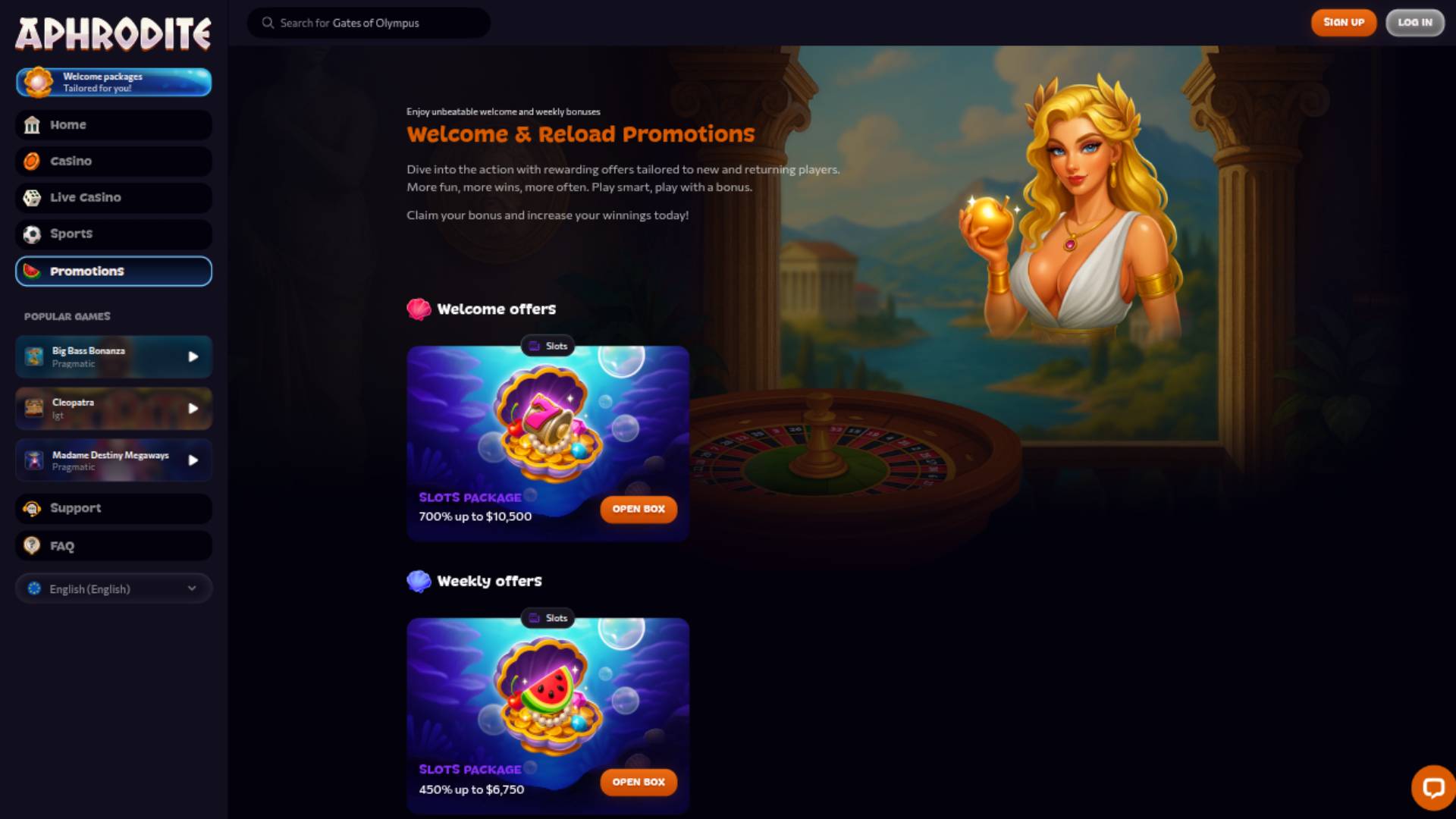 Promotions page screenshot of Aphrodite Casino