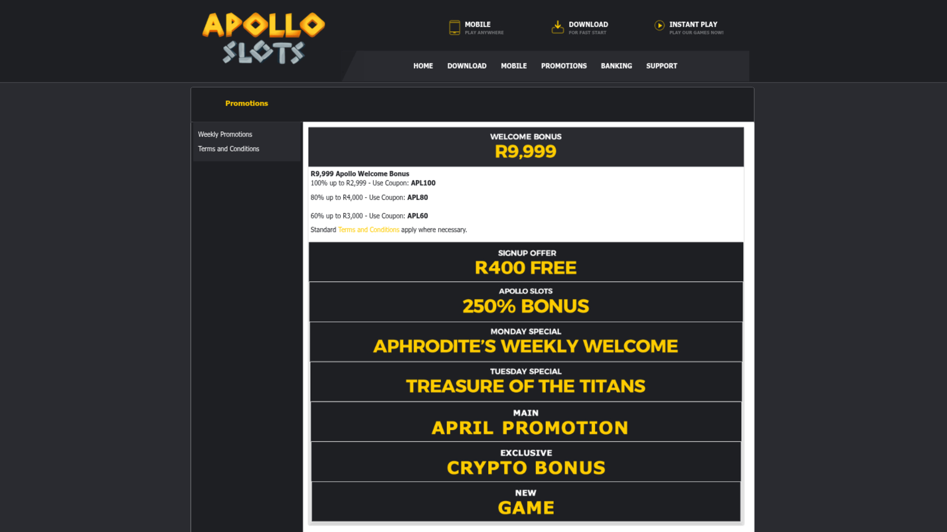 Apollo Slots Desktop-Aktionen