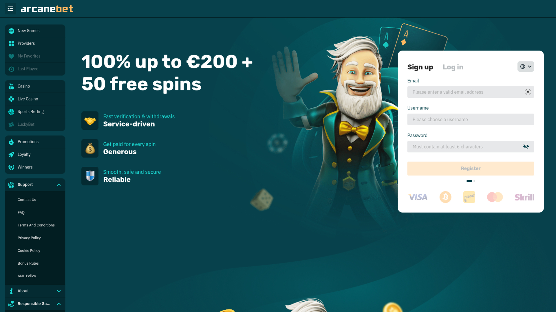 Página principal de escritorio del casino Arcanebet