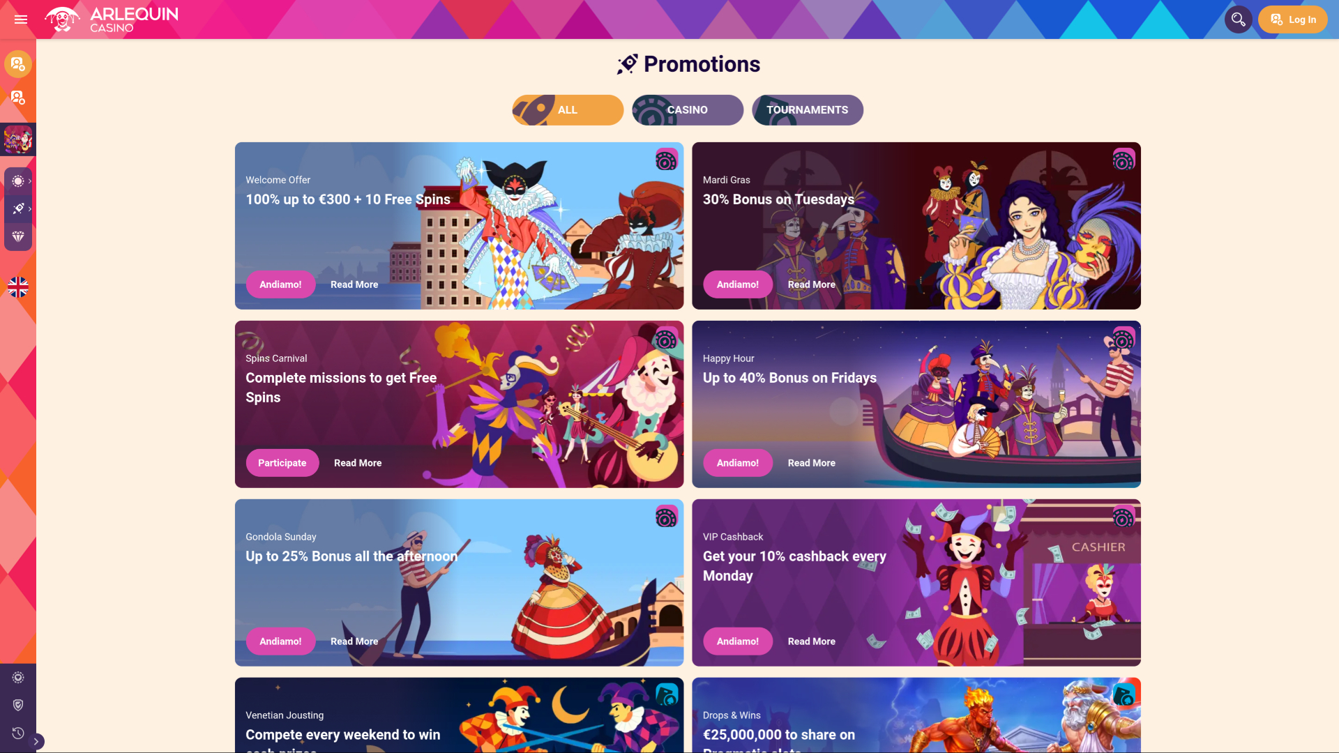 Promoções do Arlequin Casino para computador
