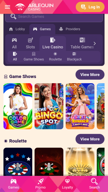Cassino Arlequin Mobile com Dealer ao Vivo