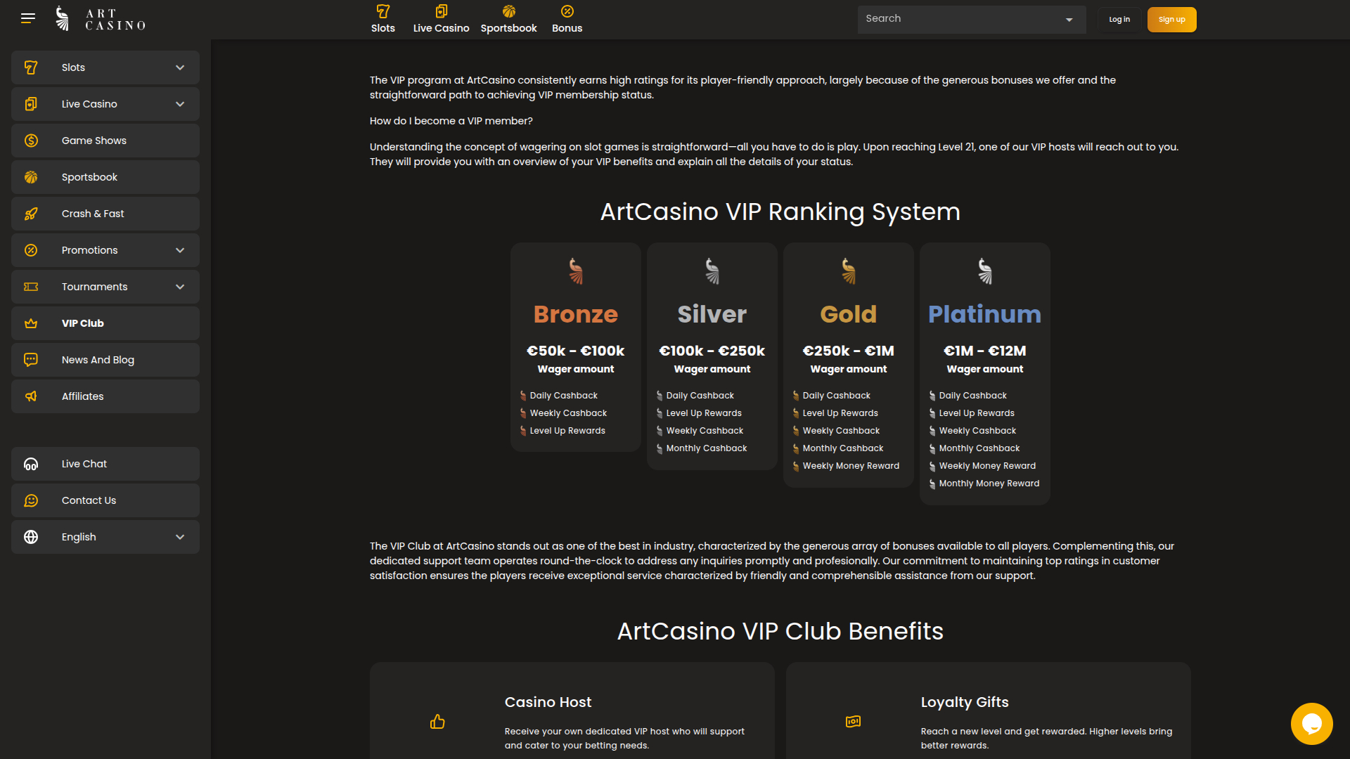 Programme VIP du casino Art pour ordinateur de bureau