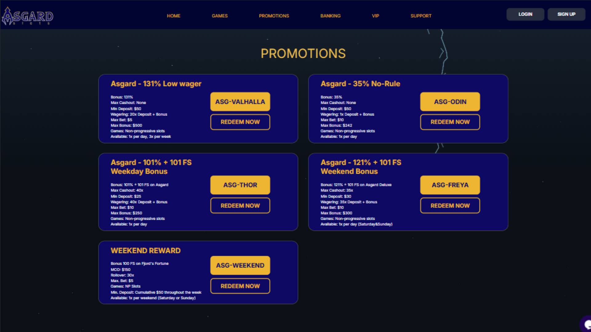 Promotions page screenshot of Asgardslots Casino