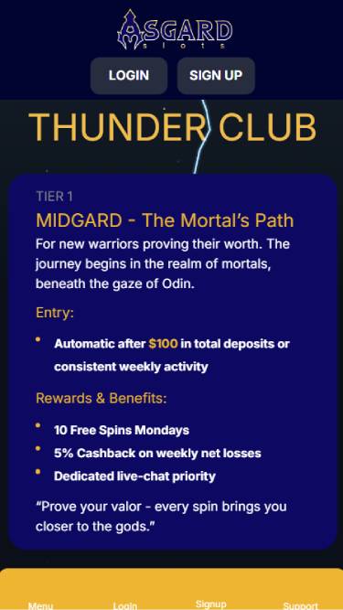 VIP mobile page screenshot of Asgardslots Casino