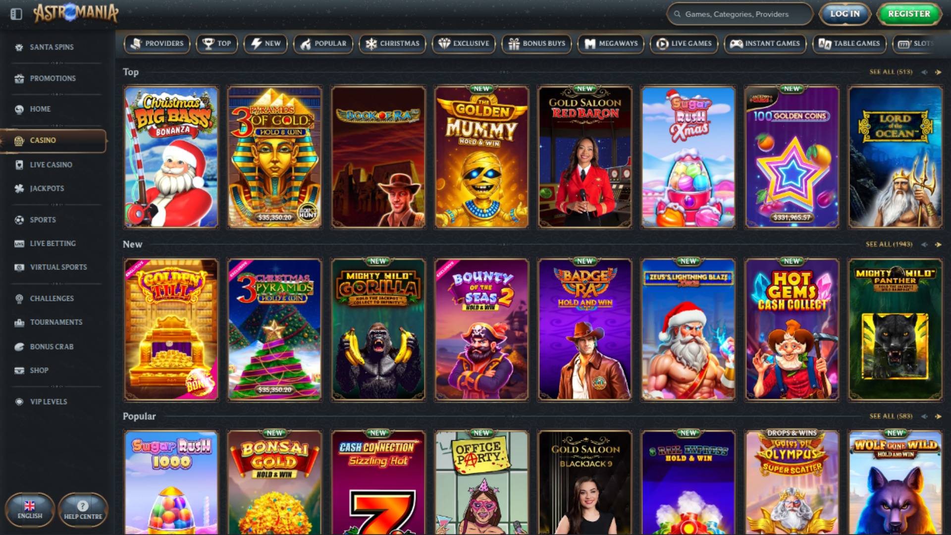 Games page screenshot of AstroMania Casino