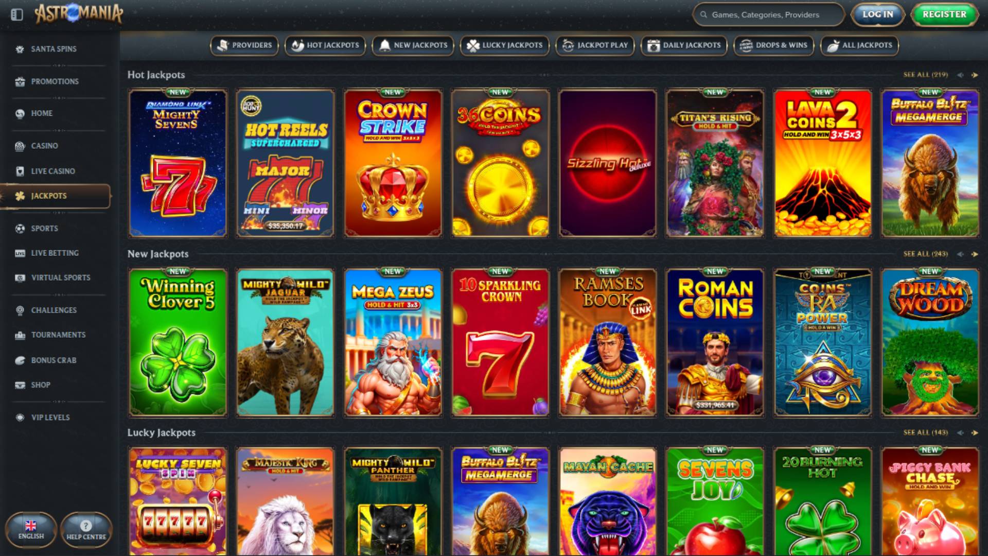 Jackpot page screenshot of AstroMania Casino