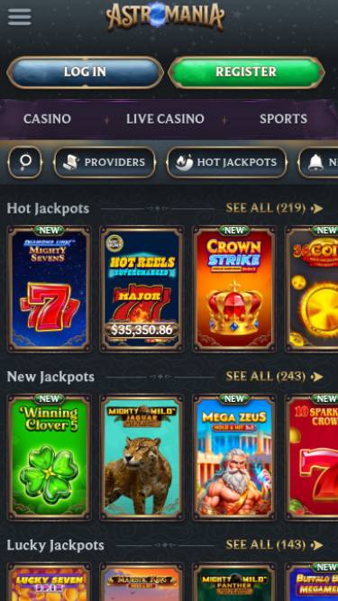 Jackpot mobile page screenshot of AstroMania Casino