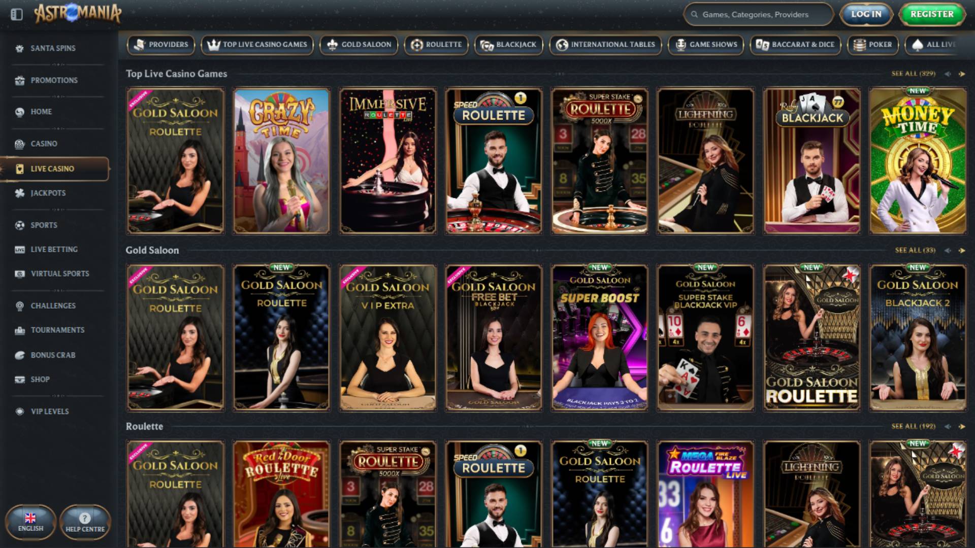 Live page screenshot of AstroMania Casino