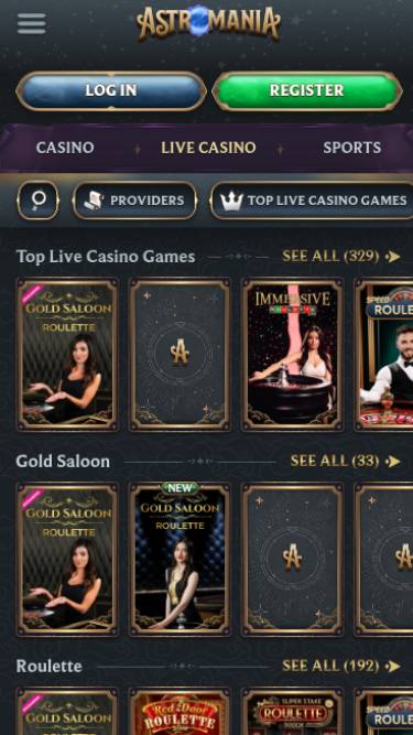 Live mobile page screenshot of AstroMania Casino