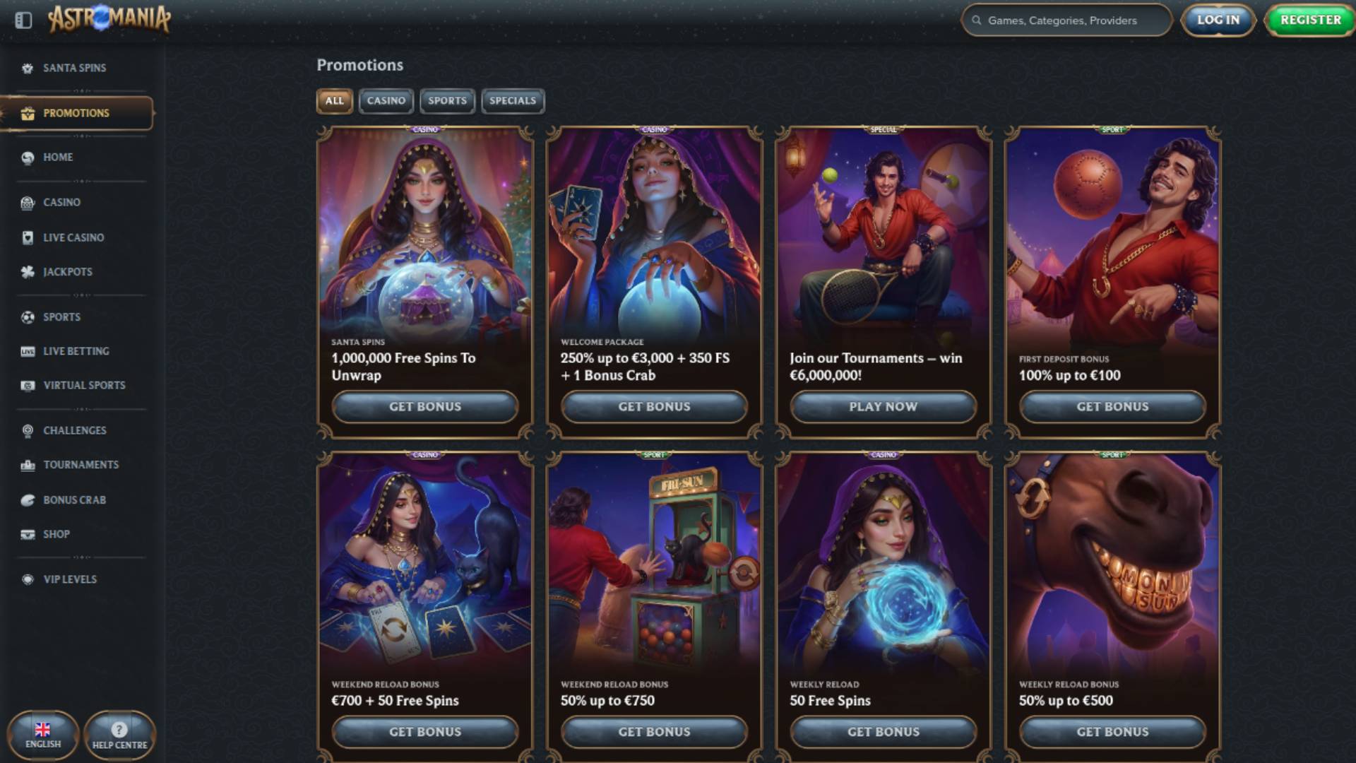 Promotions page screenshot of AstroMania Casino