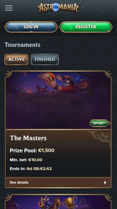 Tournaments mobile page screenshot of AstroMania Casino