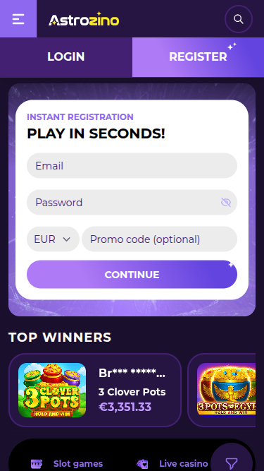 Page d'accueil mobile de Astrozino Casino