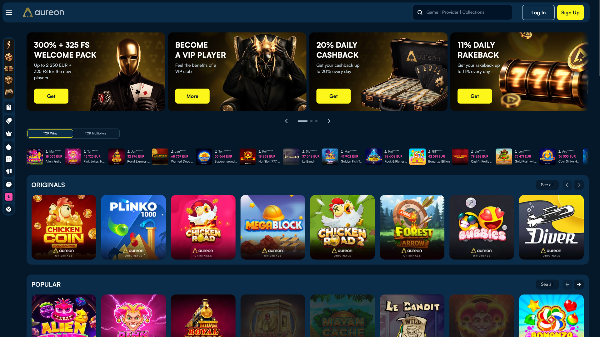 Главная страница казино Aureonplay для ПК