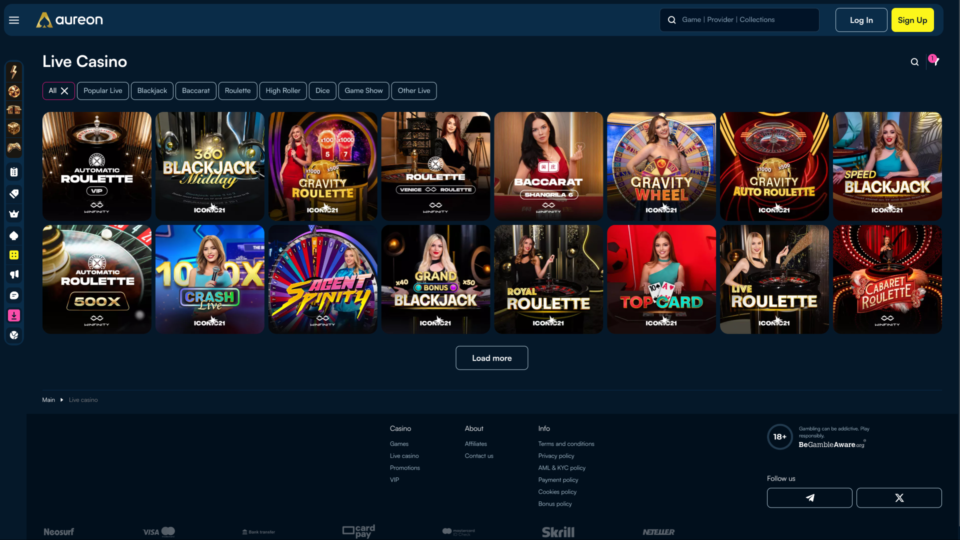 Казино Aureonplay для настольных компьютеров с живыми дилерами