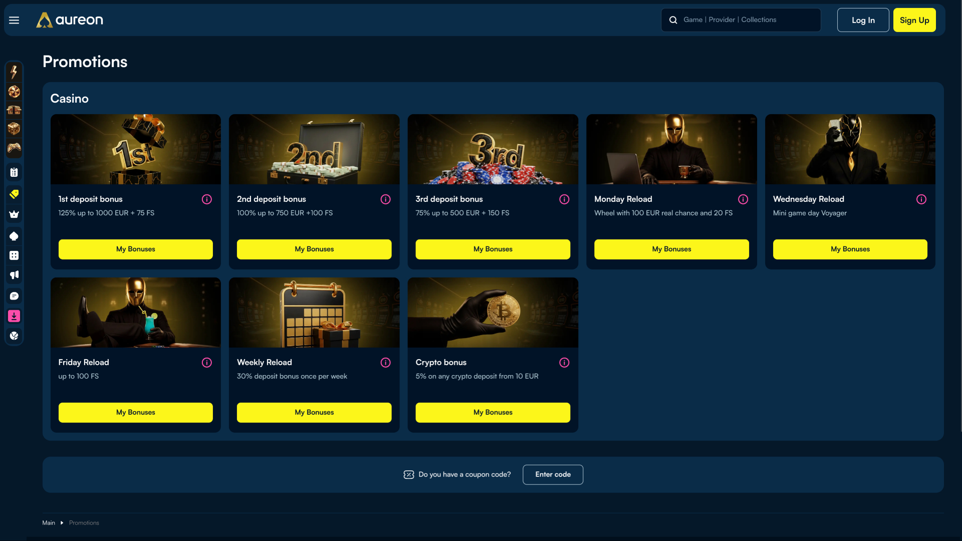 Акции казино Aureonplay для настольных компьютеров
