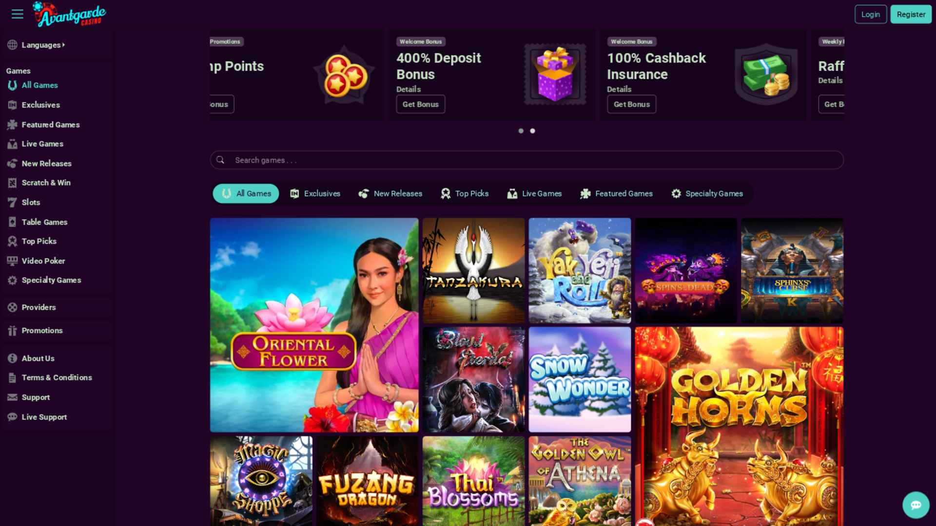 Page d'accueil de bureau d'Avantgarde Casino