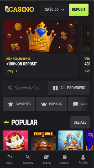 Мобильная домашняя страница Avocasino