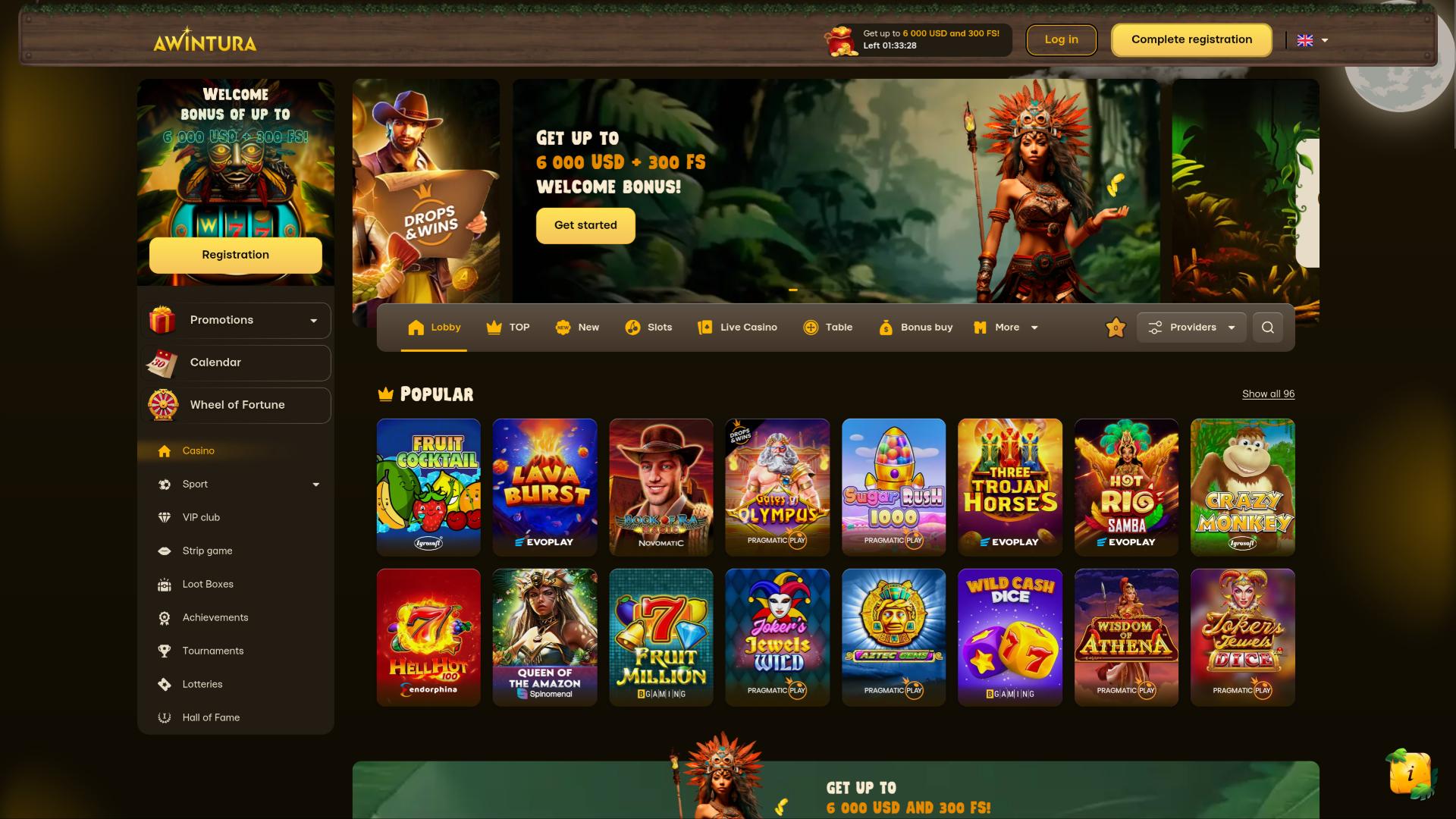 Page d'accueil du casino Awintura