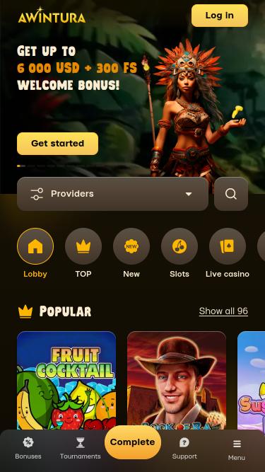 Page d'accueil mobile du casino Awintura