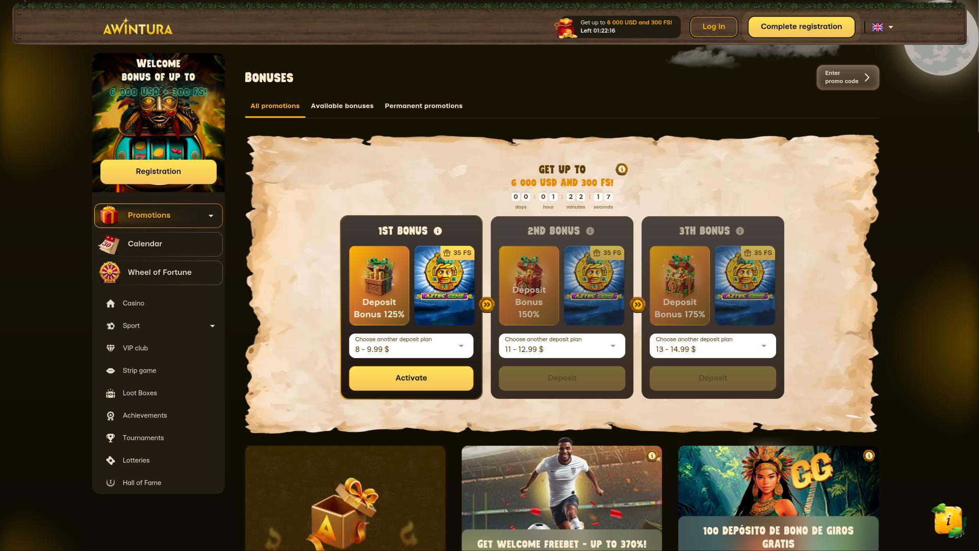 page des promotions du casino Awintura