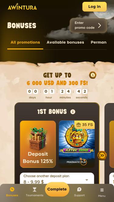 Page mobile des promotions du casino Awintura