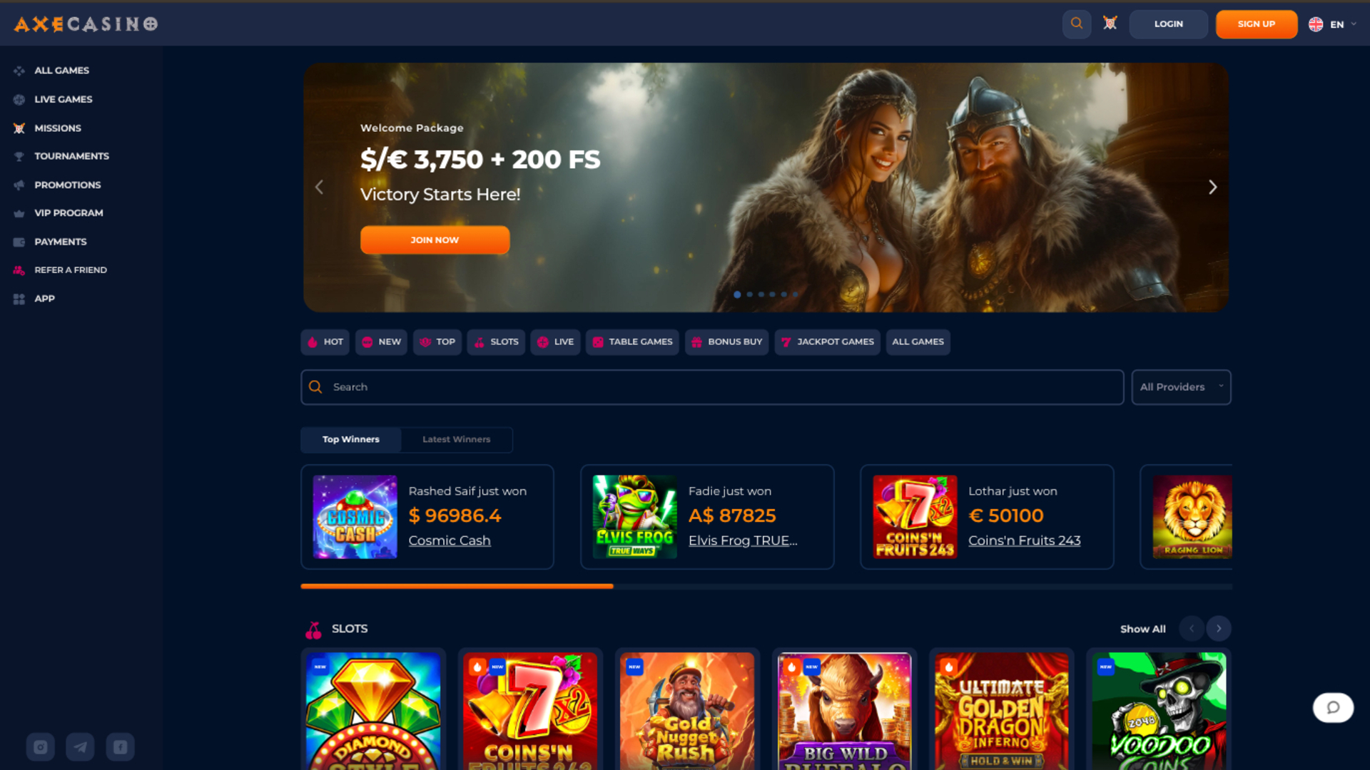Axe Casino Desktop Homepage