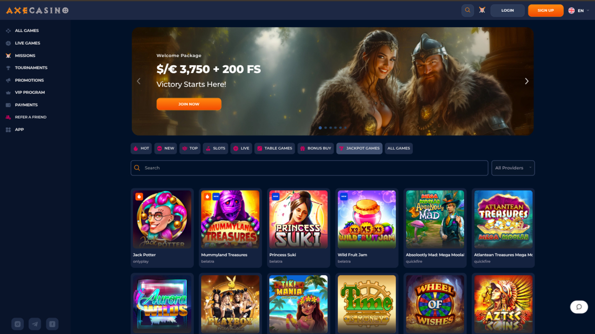 Axe Casino Jackpot Desktop