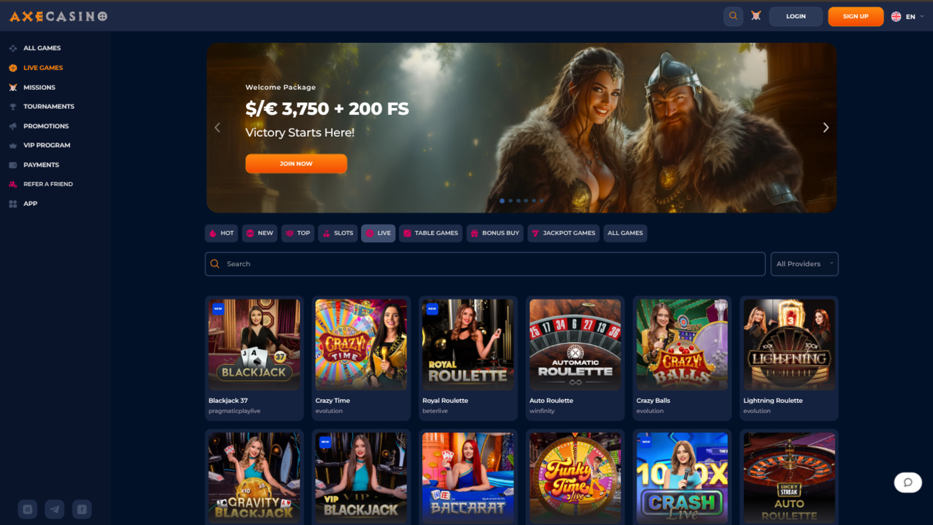 Axe Casino Desktop Live Dealer