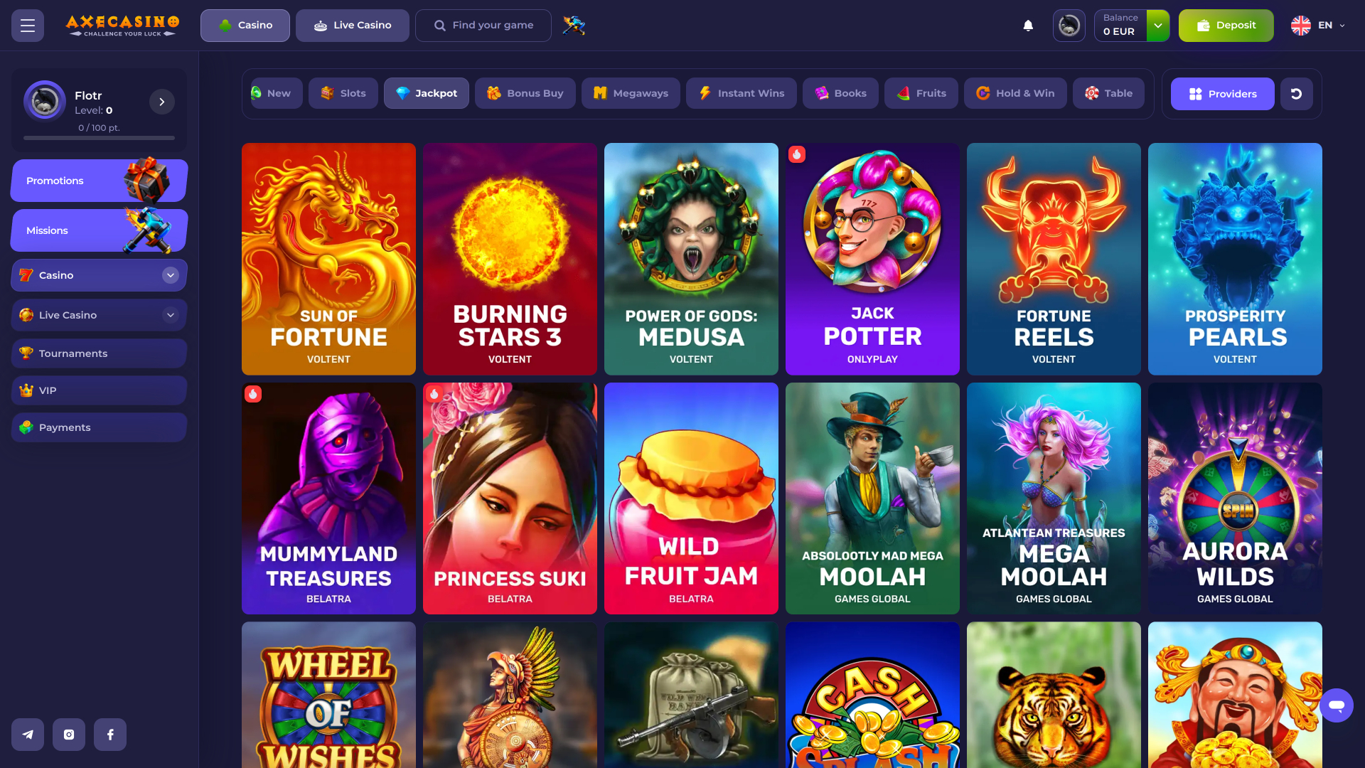 Axe Casino Jackpot Desktop