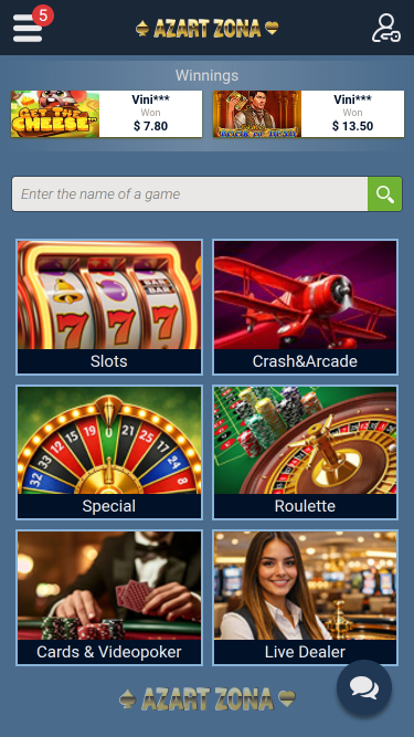 Página de inicio móvil de Azart Zona Casino