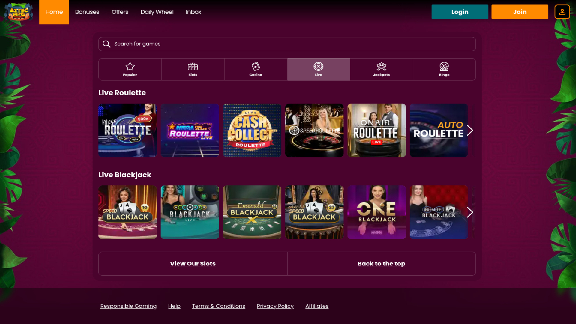 Aztec Wins Casino Desktop Live Dealer