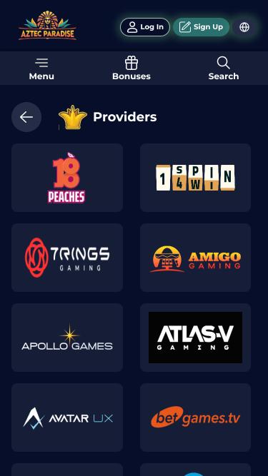 Página móvil de los desarrolladores del juego Aztec Paradise Casino