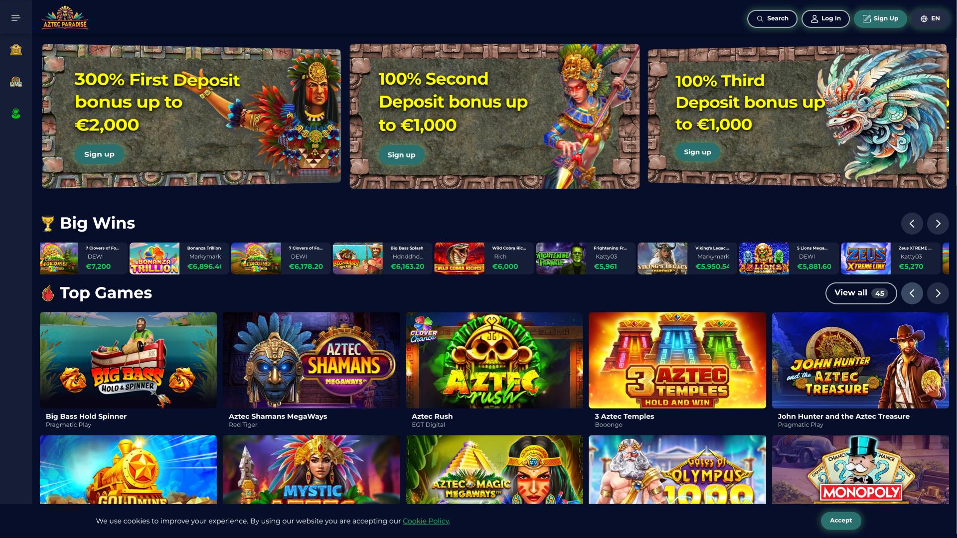 Página principal del casino Aztec Paradise