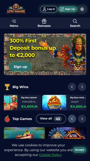 Página de inicio móvil del casino Aztec Paradise