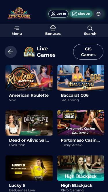 Página móvil del casino Aztec Paradise con crupier en vivo