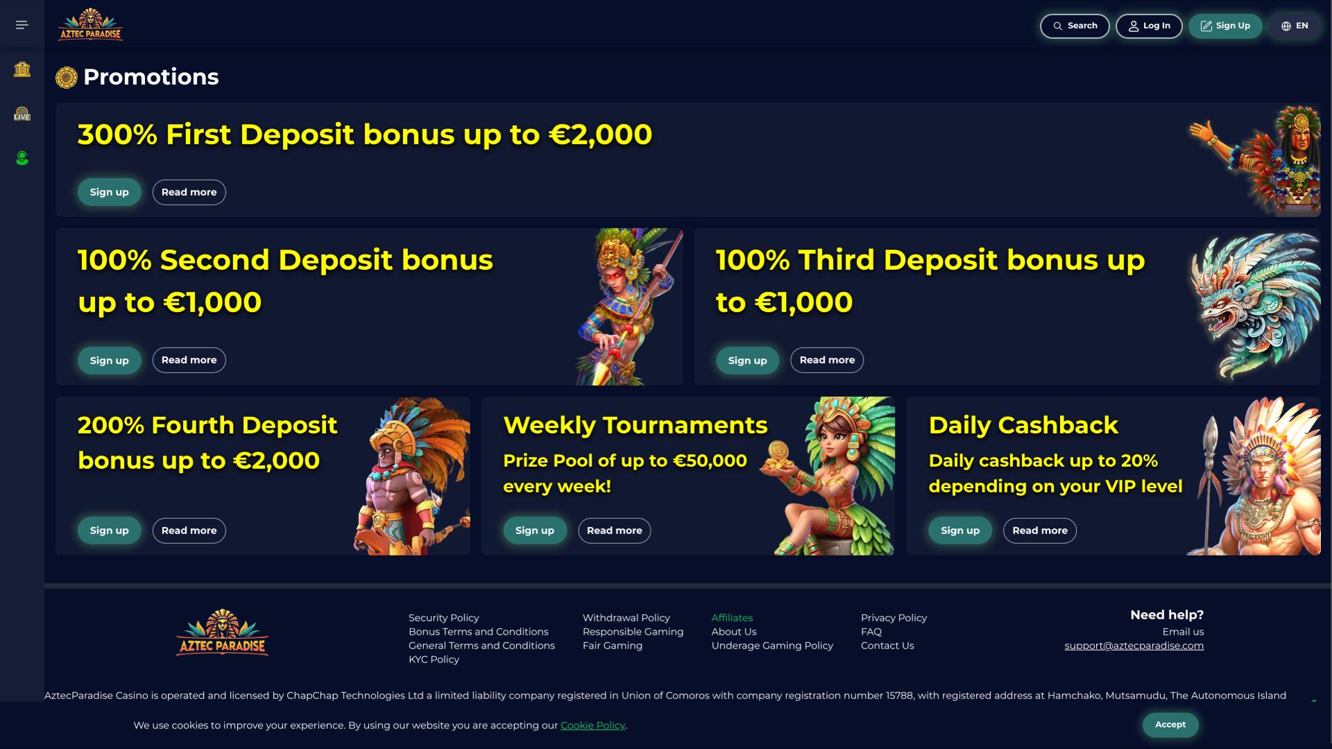 Página de promociones del casino Aztec Paradise