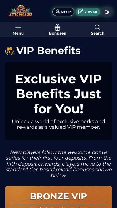 Página móvil VIP del casino Aztec Paradise