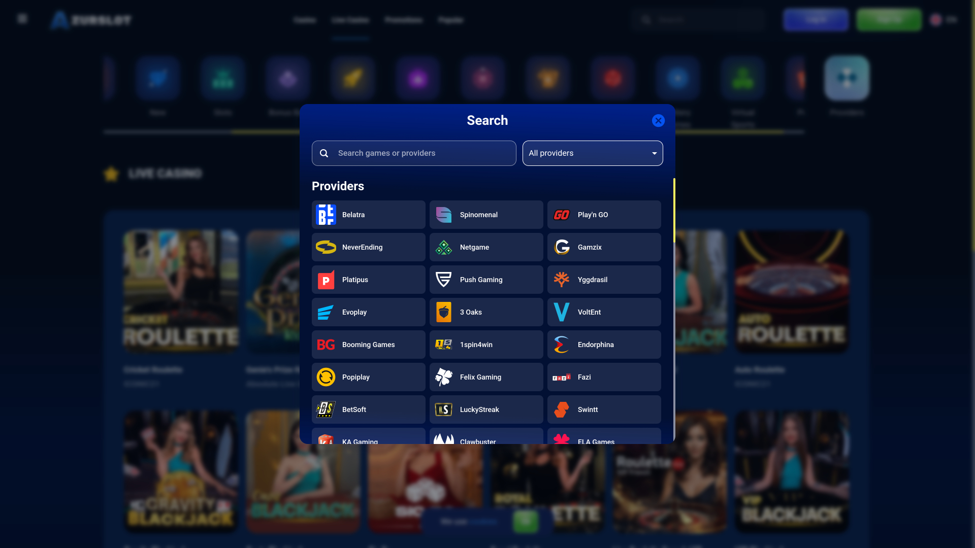 Azur Slot Casino Spielentwickler Desktop