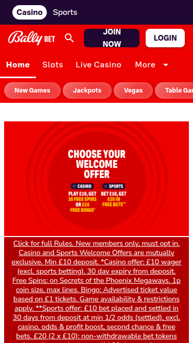 Page d'accueil mobile de Bally Casino