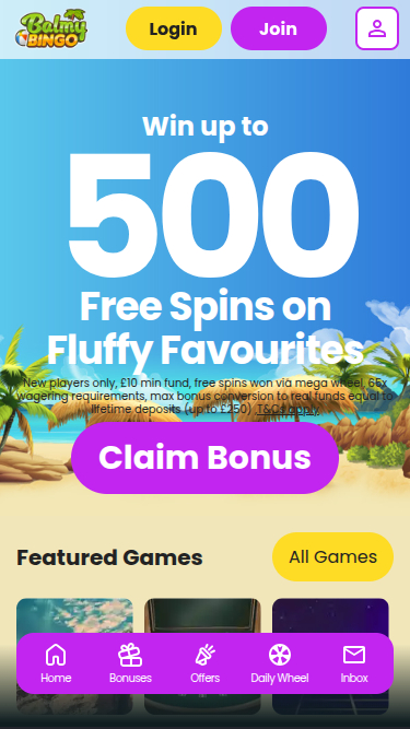 Page d'accueil mobile de Balmy Bingo