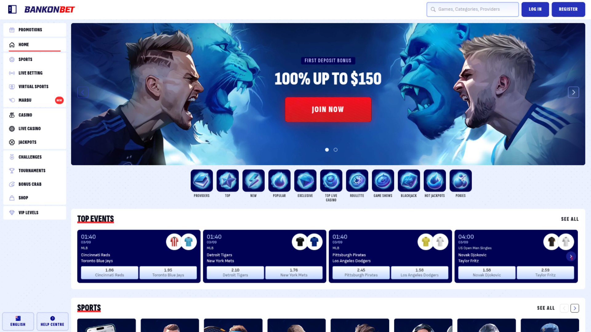 Bankonbet Casino Desktop Homepage