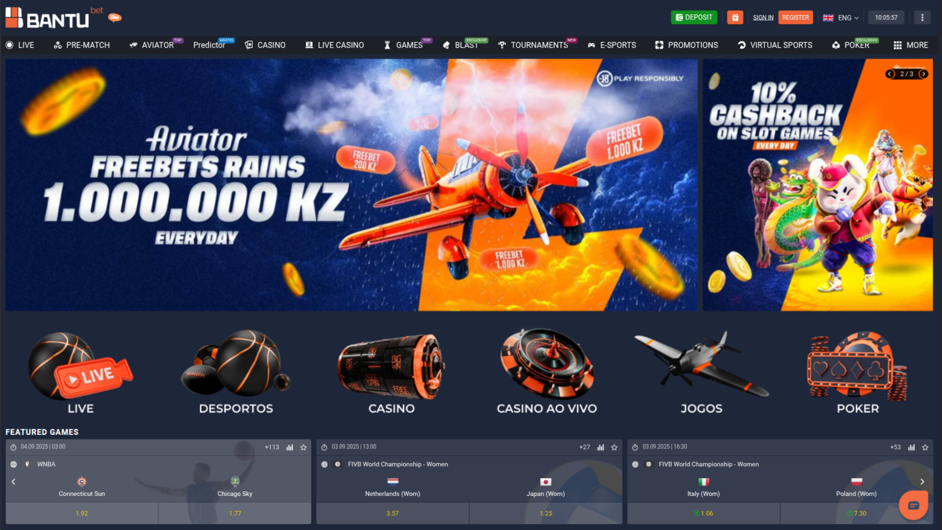 Page d’accueil de BantuBet Casino sur ordinateur