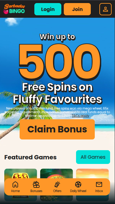 Homepage mobile di Barbados Bingo